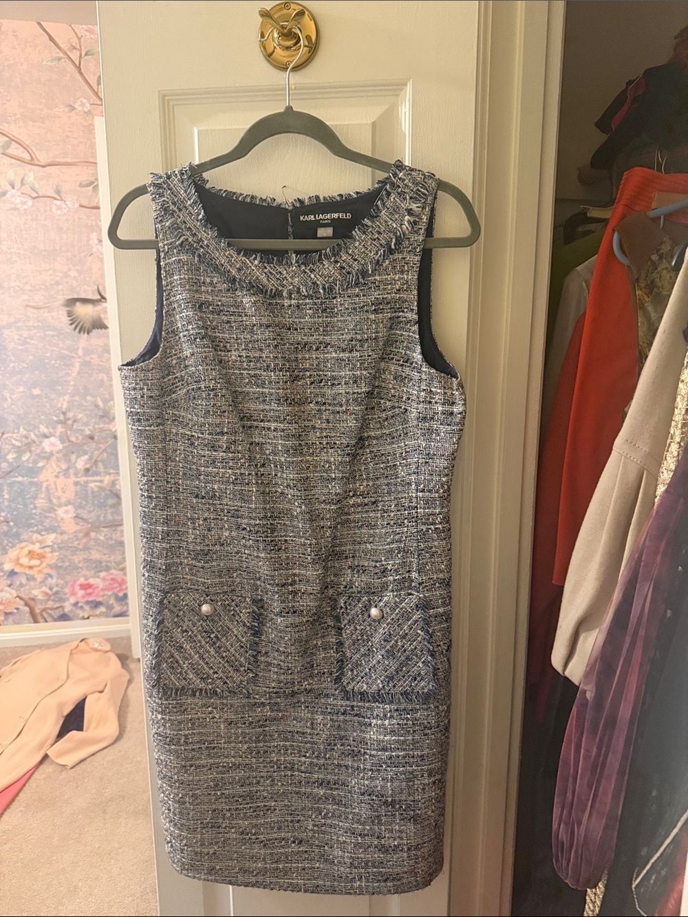 Karl Lagerfeld Navy & White Tweed Sleeveless Shift Dress